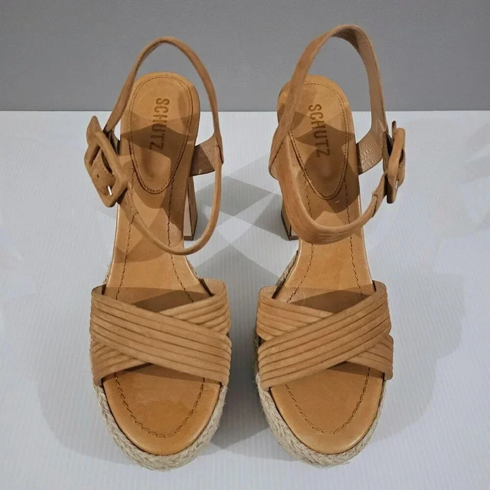 Schutz Blisse Platform Sandal Womens 10.5 Caramel Brown Suede Chunky Block Heel